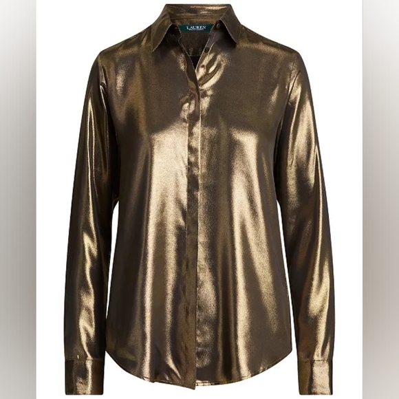Ralph Lauren Tops - BRAND NEW with tags RALPH LAUREN Metallic Satin Shirt (Gold/Black) Size Large